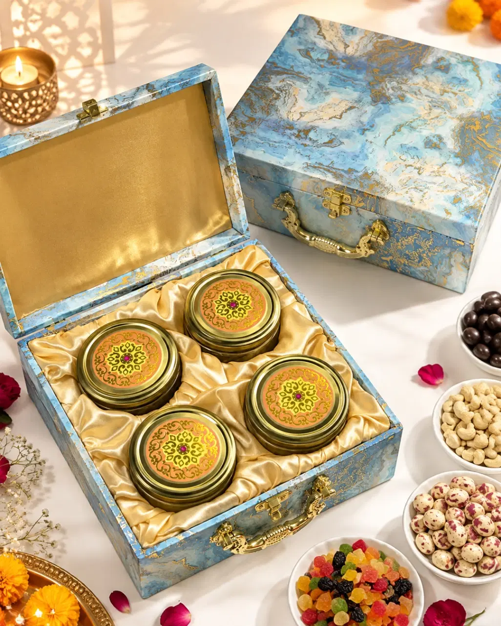 Diwali Hamper With Flavoured Dry Fruits (Light Blue)